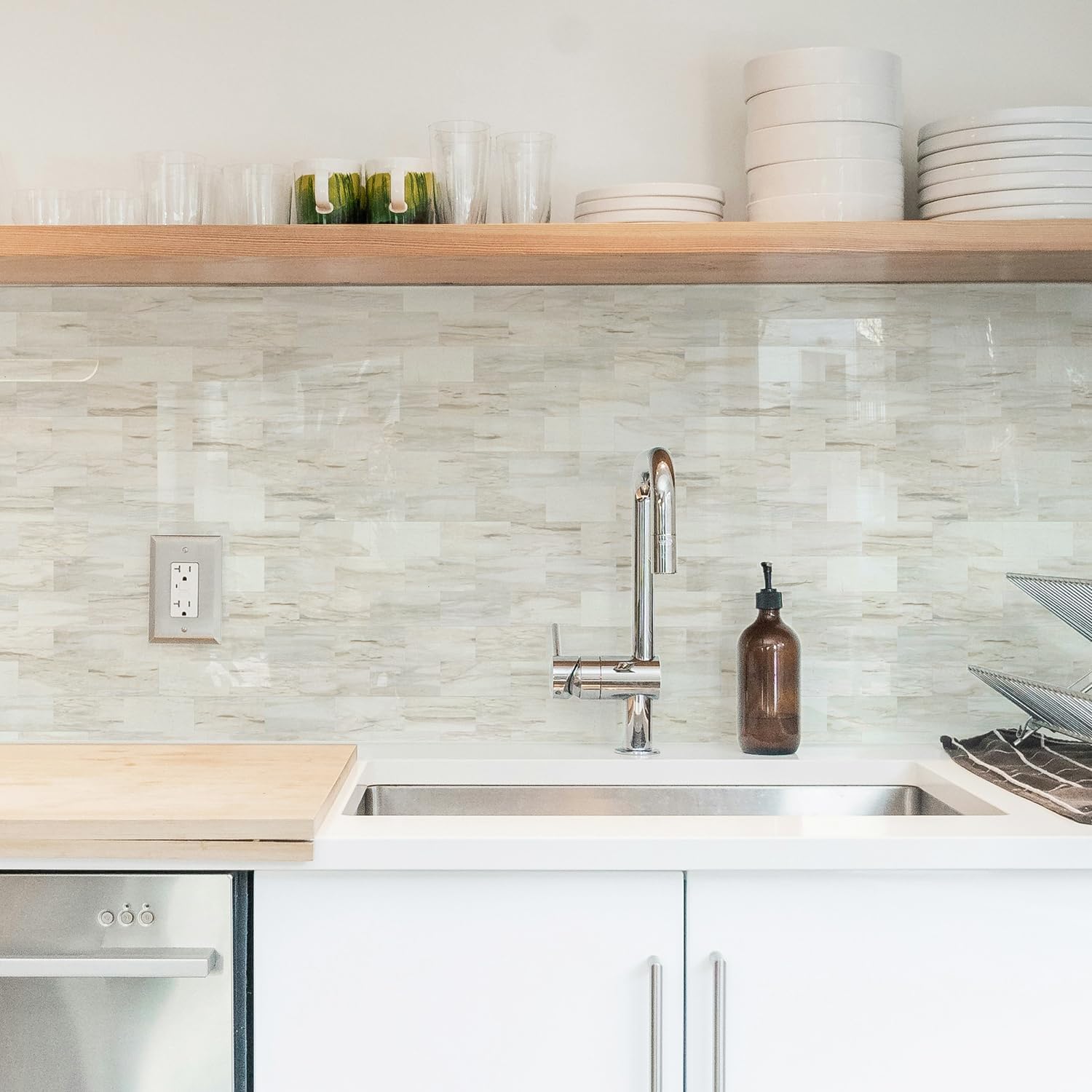 STICKGOO 10-Sheet Subway Tile Peel and Stick Backsplash, Seamless Design Polished Dolomite Kitchen Backsplash Wall Tiles, PVC Stick on Backsplash for Kitchen, Bathroom, RV, Fireplace STICKGOO 10-Sheet Subway Tile Peel and Stick Backsplash, Seamless Design Polished Dolomite Kitchen Backsplash Wall Tiles, PVC Stick on Backsplash for Kitchen, Bathroom, RV, Fireplace