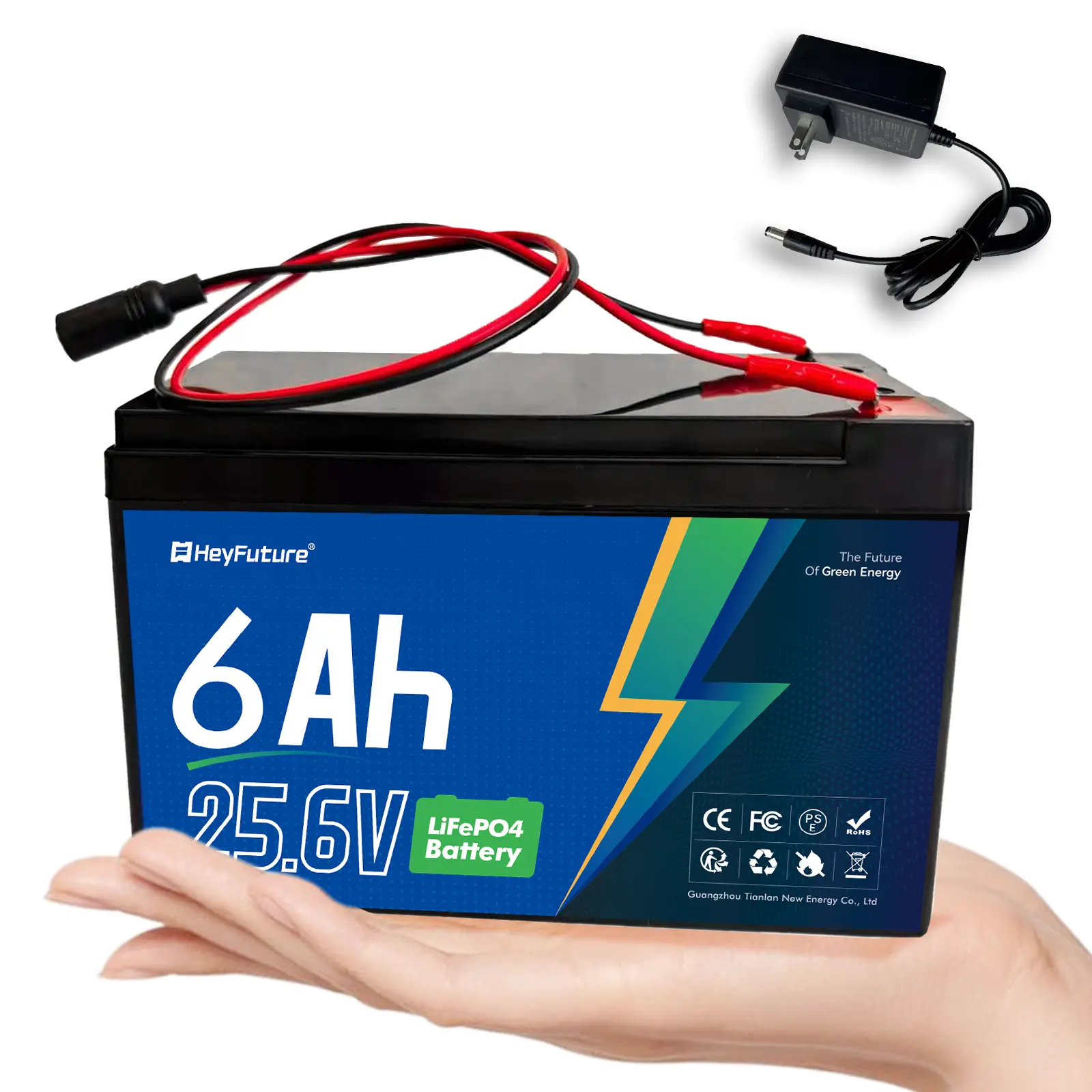HeyFuture 24V 6Ah LiFePO4 Deep Cycle Battery Pack 25.6V 153.6Wh Black ABS Housing 6A BMS Protection 5000 Cycles CE FCC RoHS Certified
