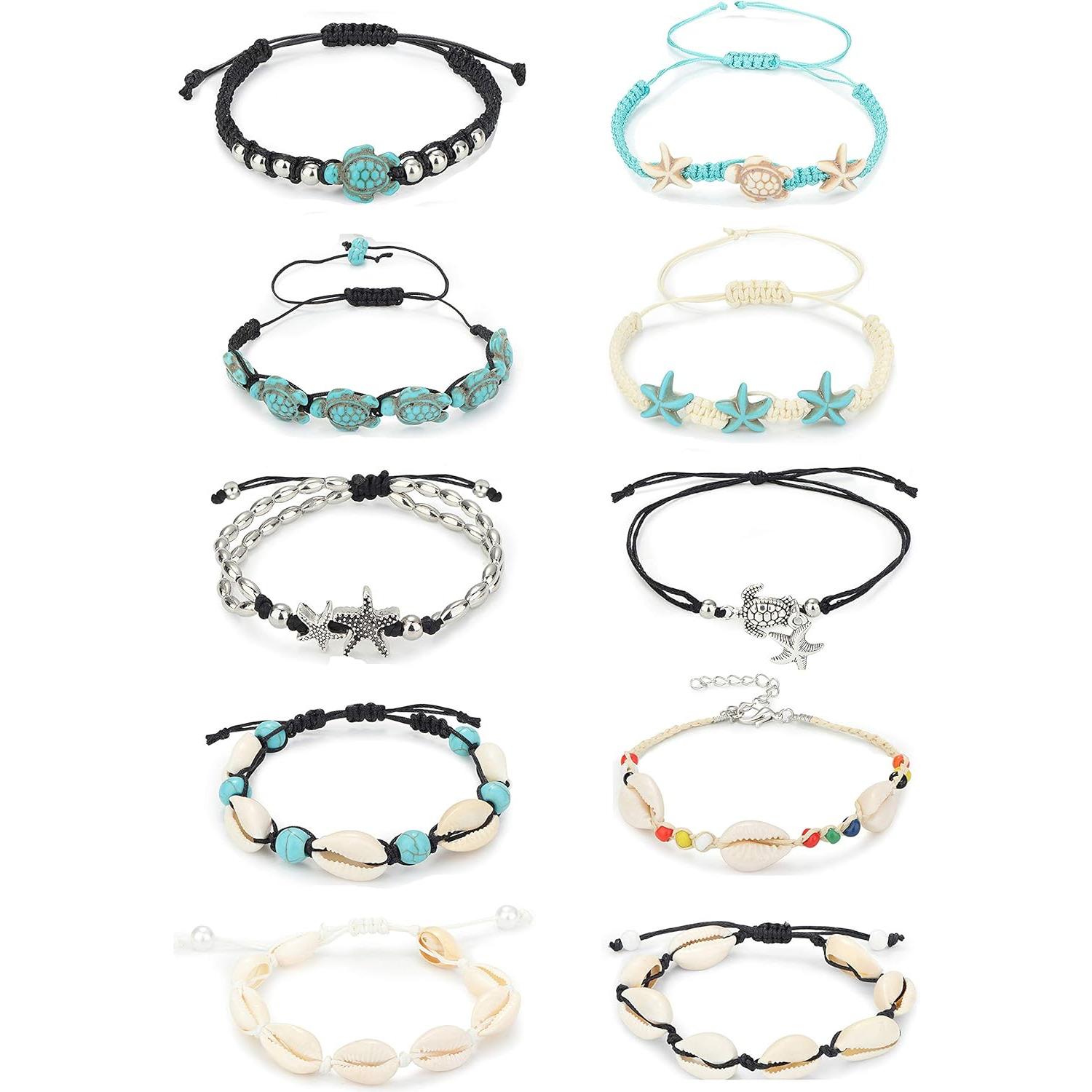 10 PCS Bohemian Summer Anklets for Women, Waterproof Handmade Turtle Starfish Shell Ankle Bracelets, Adjustable Beach Foot Jewelry,summerwins