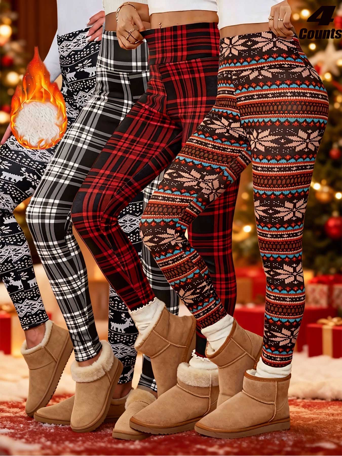 Women's Winter High Waist Plaid Fleece Lined Pants, Elastic Warm Lamb Velvet Nine-Point Leggings, Casual Fashion S-Xxl