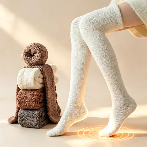 Women's Large Size (Over 80kg) Long Thigh-High Underwear Socks - Minimalist Fuzzy Plush Coral Fleece Warmer for Winter Home Sleeping, Socks for Women