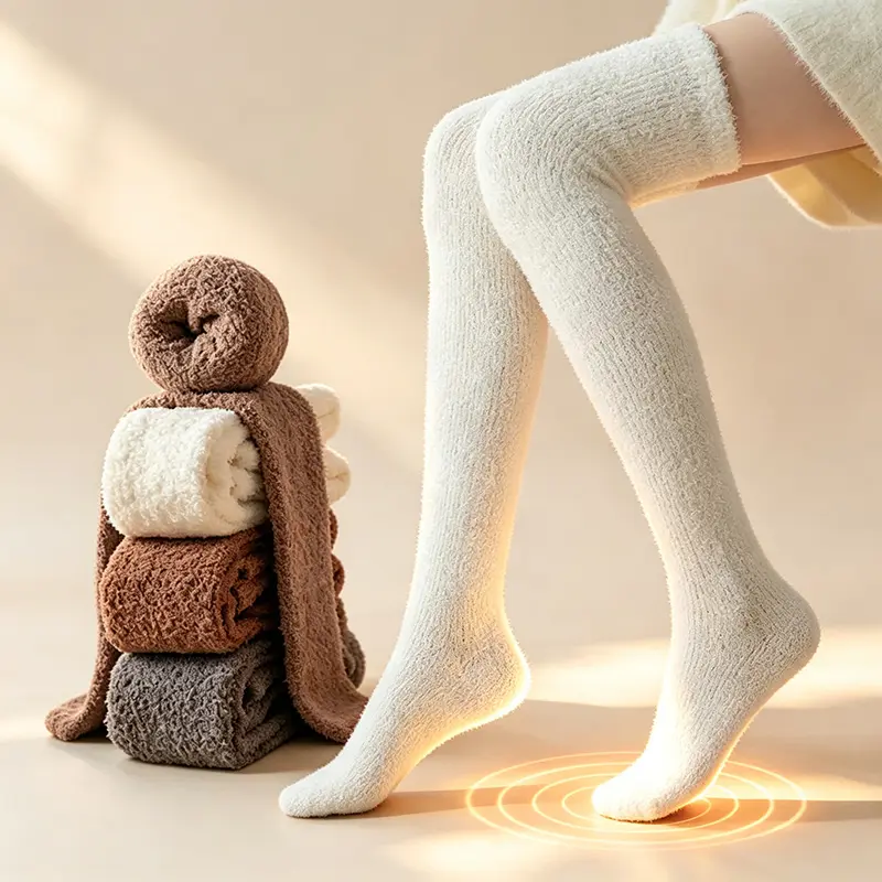 Women's Basic Minimalist Fuzzy Plush Over-the-Knee Socks - 4pcs Random Color (2 Pairs) Large Size (Over 80kg) Lady's Winter Warm Coral Fleece Thigh High Thermal Home Sleeping Socks for Colder Days