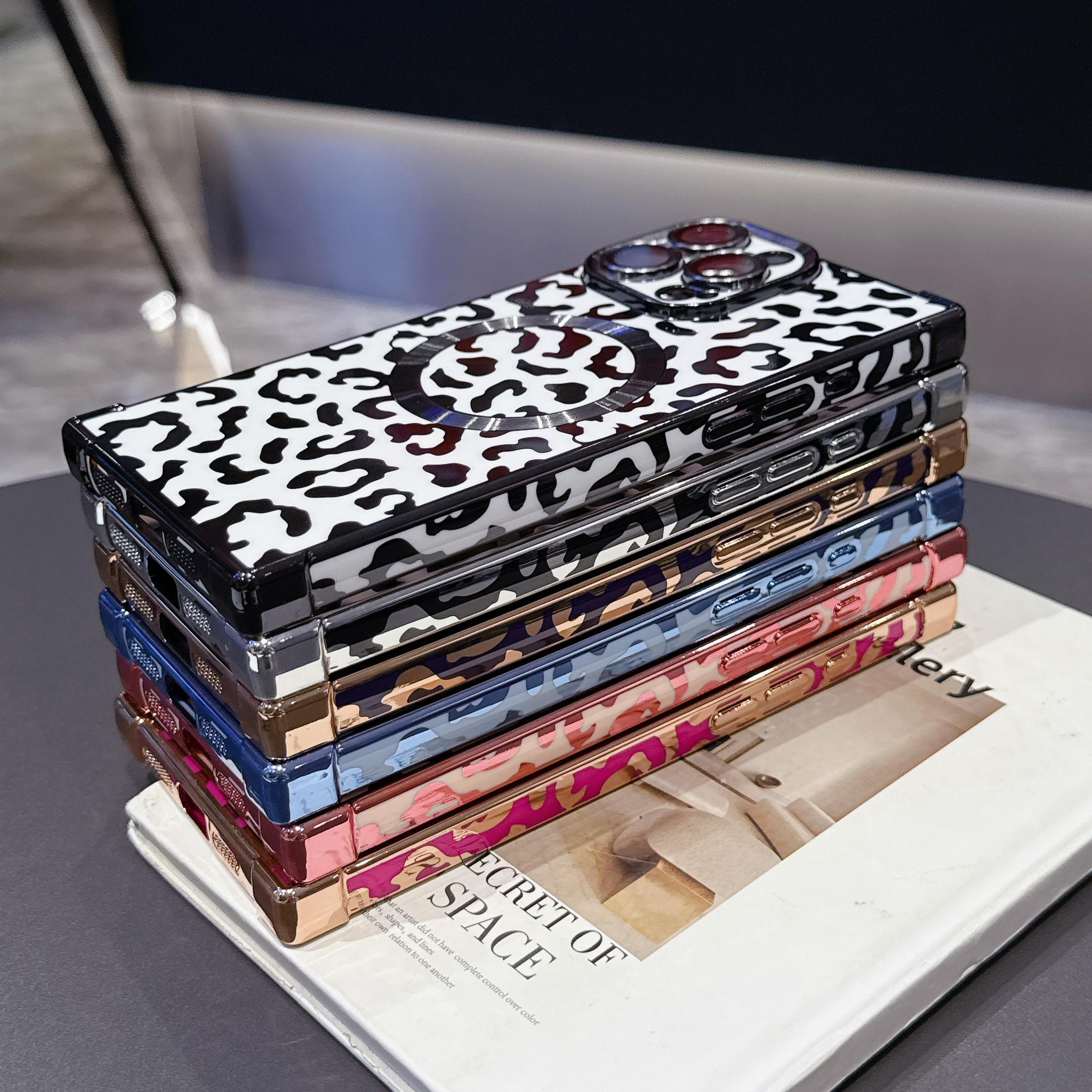 Luxury Leopard Print Shiny Square Edge Phone Case, Cover, Casing, Compatible with iPhone 16 15 14 13 Pro Max, Magnetic Wireless Charging Protection, Accessories