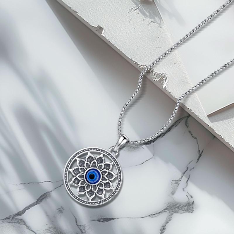 DRINSPER S925 Nazar Evil Eye Charm Necklace Lotus Design Evil Eye Pendant 925 Sterling Silver Jewelry