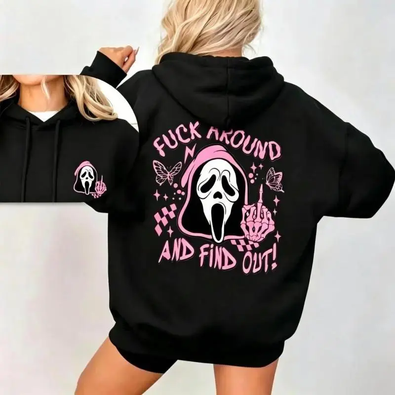 Scream Skeleton Spooky Fck Around And Find Out Sweatshirt, 2 Side Halloween Ghost Face Hoodie, Fall Tee, Coffee Lover Fall Tee, Halloween Casual Sweatshirt Hooded Outfiter Gift For Best Friend HusBand Wife1.