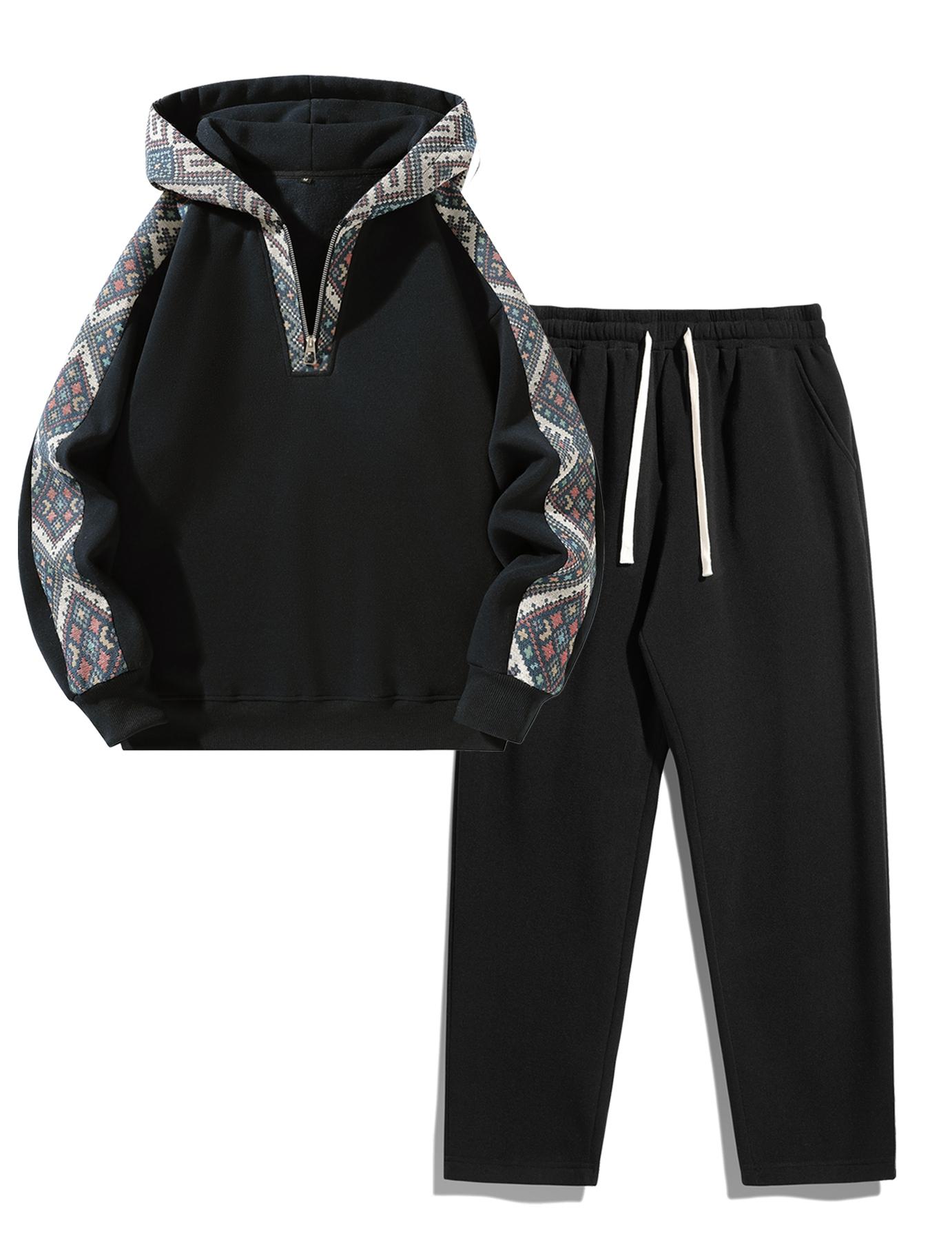 Men's Plain Two-piece Sweatsuit Set, Basic Regular Fit Casual Drop Shoulder Half Zip Long Sleeves Hoodie & Pocket Drawstring Elastic Sweatpants, Men's Clothing