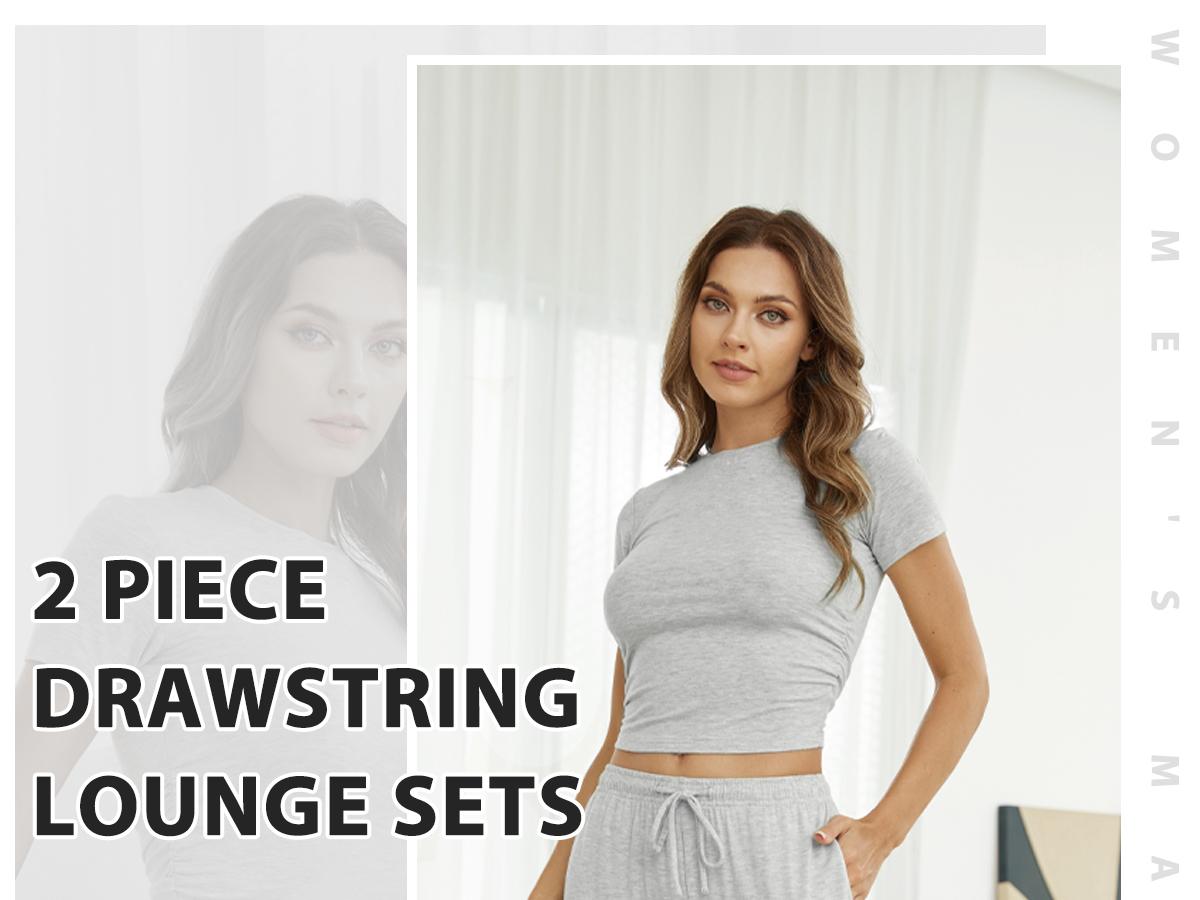 FireSwan Women's Solid Short Sleeve Two Piece Set, Drawstring Wide Leg Sweatpants Ruched Crop Top Matching Set Casual Outfits Pajamas，Ladies Fall Matching Sets Going Out