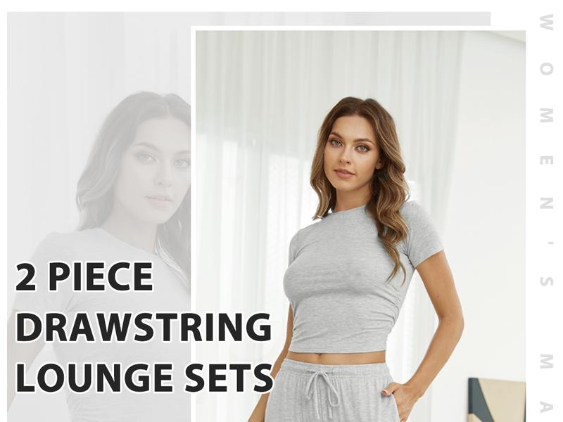 FireSwan Women's Solid Short Sleeve Two Piece Set, Drawstring Wide Leg Sweatpants Ruched Crop Top Matching Set Casual Outfits Pajamas，Ladies Fall Matching Sets Going Out