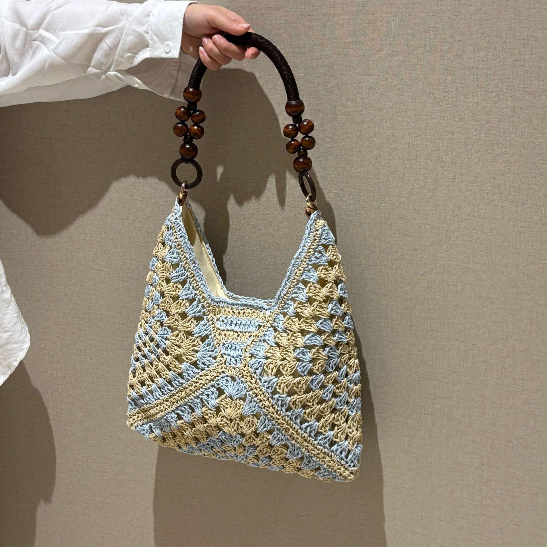 Women's Handmade Paper Rope Crochet Straw Shoulder Bag, PU Material With Adjustable Strap, Cold Wash Compatible Woven Handbag, Summer Accessory For Beach Vacation Casual Outfit Styling Use