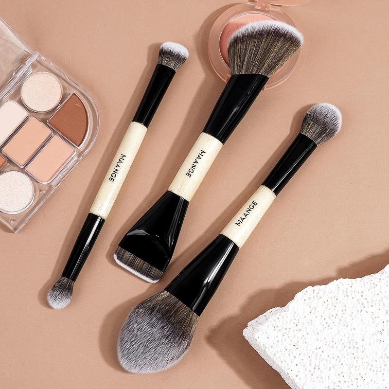 MAANGE 3pcs Dual-Ended Makeup Brushes, Makeup Brushes Set, Foundation Brush Loose Powder Brush Blush Brush Contour Brush Highlighter Brush Eyeshadow Brush, Professional Cosmetic Tools for Foundation Blending & Eyeshadow Application, Gift for Women & Girls