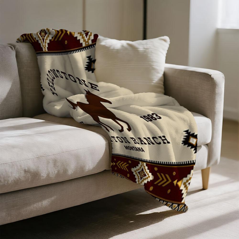 Vintage Southwest Yellowstone Ranch Design Flannel Blanket - Lightweight Soft Four Seasons Suitable, Thick Faux Fur Blanket, Bedroom Floor Blanket, Couple Custom Blanket, Extra Large Sofa Blanket,