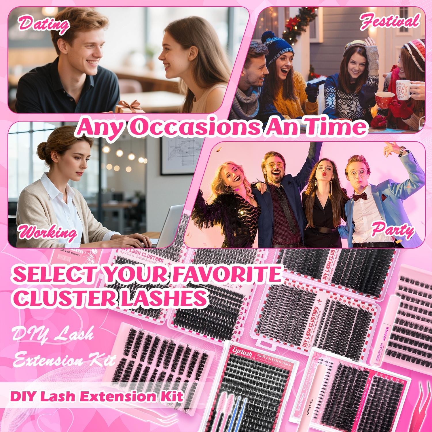 DIY Lash Clusters, DIY False Eyelashes, Waterproof Long-Lasting Fluffy and Weightless, Eyelash Extensions with Ultra-Thin Band Bond & Seal & Remover, Makeup Beginner Friendly, Self Grafting Curling Fake Eyelashes for Women