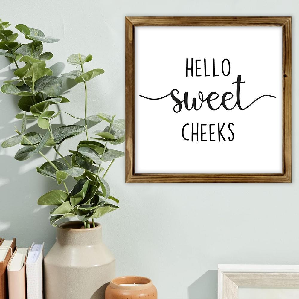 Hello Sweet Cheeks Pattern Wooden Framed Sign, Farmhouse Style Letter Pattern Wall Art, Wall Decor for Home, Kitchen, Bathroom, Living Room, Vintage Decor, Rustic Farmhouse Design