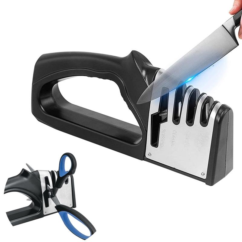 4 in 1 Knife & Scissors Sharpener, 1 Count 4 Stage Knife Sharpener, Kitchen Knife Scissor Sharpener, Manual Knife Sharpening Tool with Handle