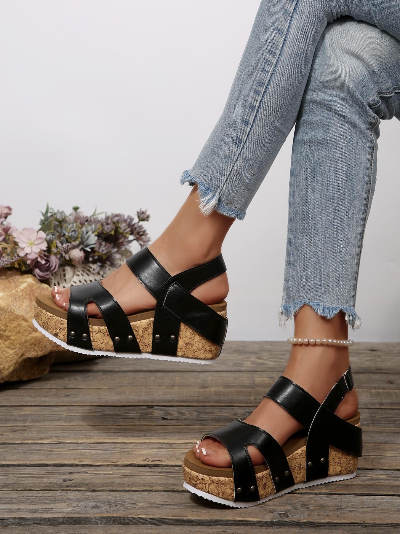 Women's Summer Wedge Sandals, Cork Sole Rivet Thick Bottom Shoes, Beach Vacation Versatile Heel Boosters, Comfortable and Stylish Footwear