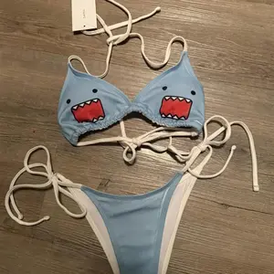 Ins Style Beachwear Bikini Women's Light Blue Shark Print Halter Tie Side Swimsuit