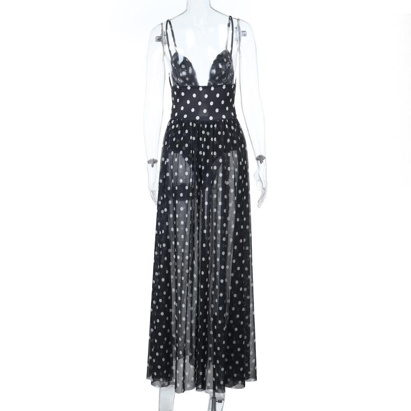 XY25192PFO-Spring Break Outfits, Womens Casual Vacation See-through Mesh Polka Dot Sleeveless Deep-V Neck A-line Spaghetti Strap Long Dress, Holiday Beach Sheer Mesh Dress SpringStatements