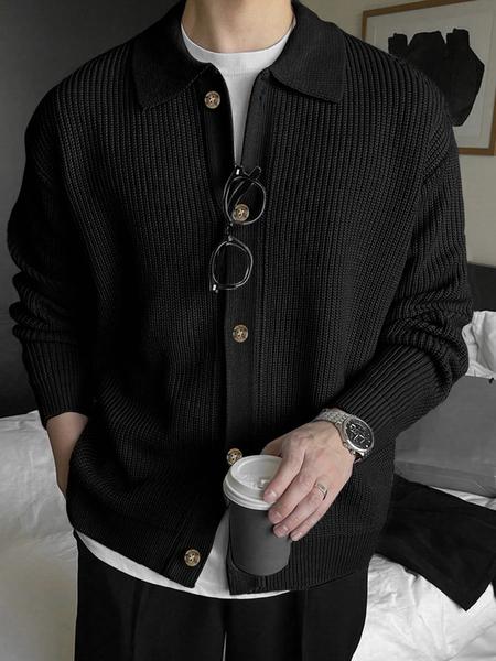 Autumn Winter Thick Knit Sweater Coat, Casual Unisex Cardigan, Lapel Long Sleeve Polo Shirt, Moderate Fabric, Fitted Style
