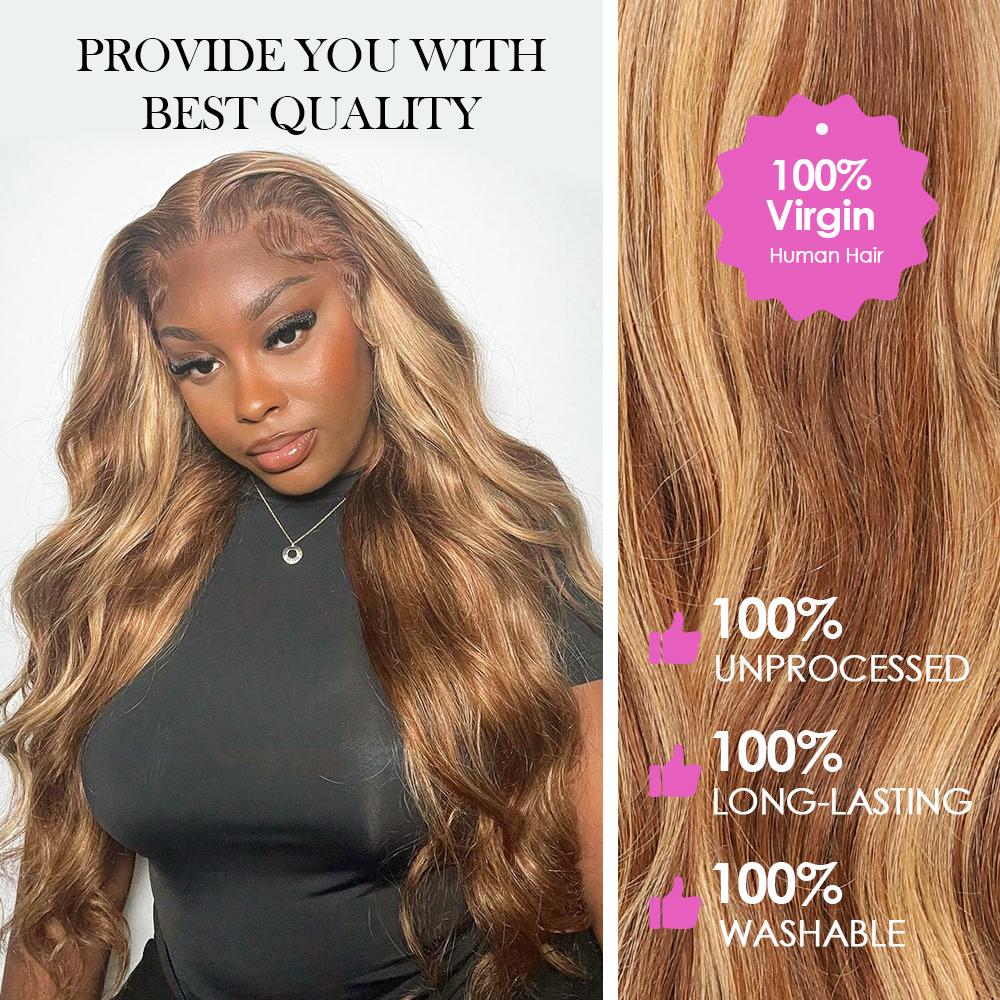 Pizazz Hair 220% Density 13x6 Highlight Body Wave Full Lace Front Wigs Human Hair Pre Plucked 4/27 Honey Blonde HD Transparent Lace Front Wig Human Hair Pre Bleached Wig For Women