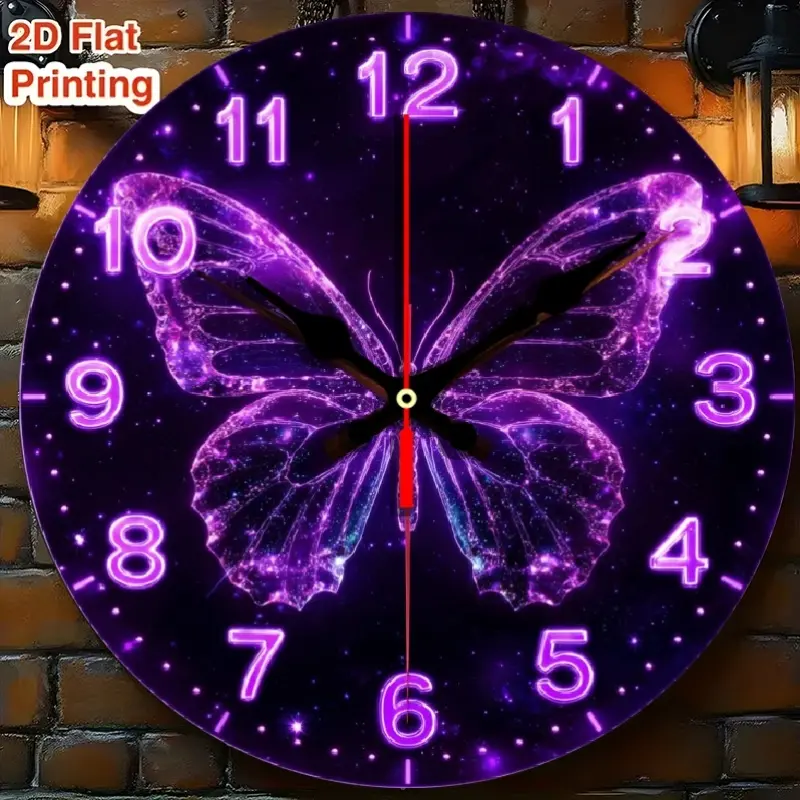 1 purple neon effect butterfly wall clock| Silent, no ticking, starry sky decorative clock, suitable for living room, bedroom, teen girl's room, easy-to-read numbers, perfect home and office decoration gift, made of acrylic material
