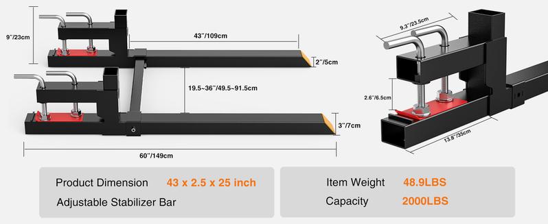 Nilight 60" 4000lbs Clamp on Pallet Forks Heavy Duty Tractor Forks with Adjustable Stabilizer Bar for Loader Bucket Skid Steer Tractor