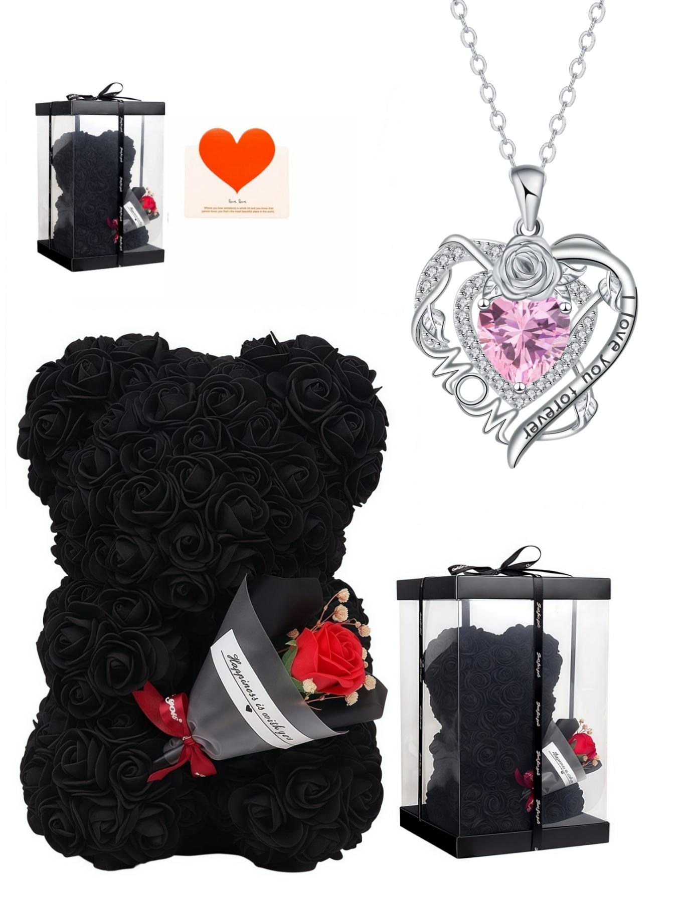 Rose Heart Forever Mom Original heart-shaped rose pendant, luxury premium gem necklace.Paired with a preserved rose & teddy bear jewelry gift box.Perfect mysterious gift for festivals, birthdays, Valentine's Day, Mother's Day and Christmas.