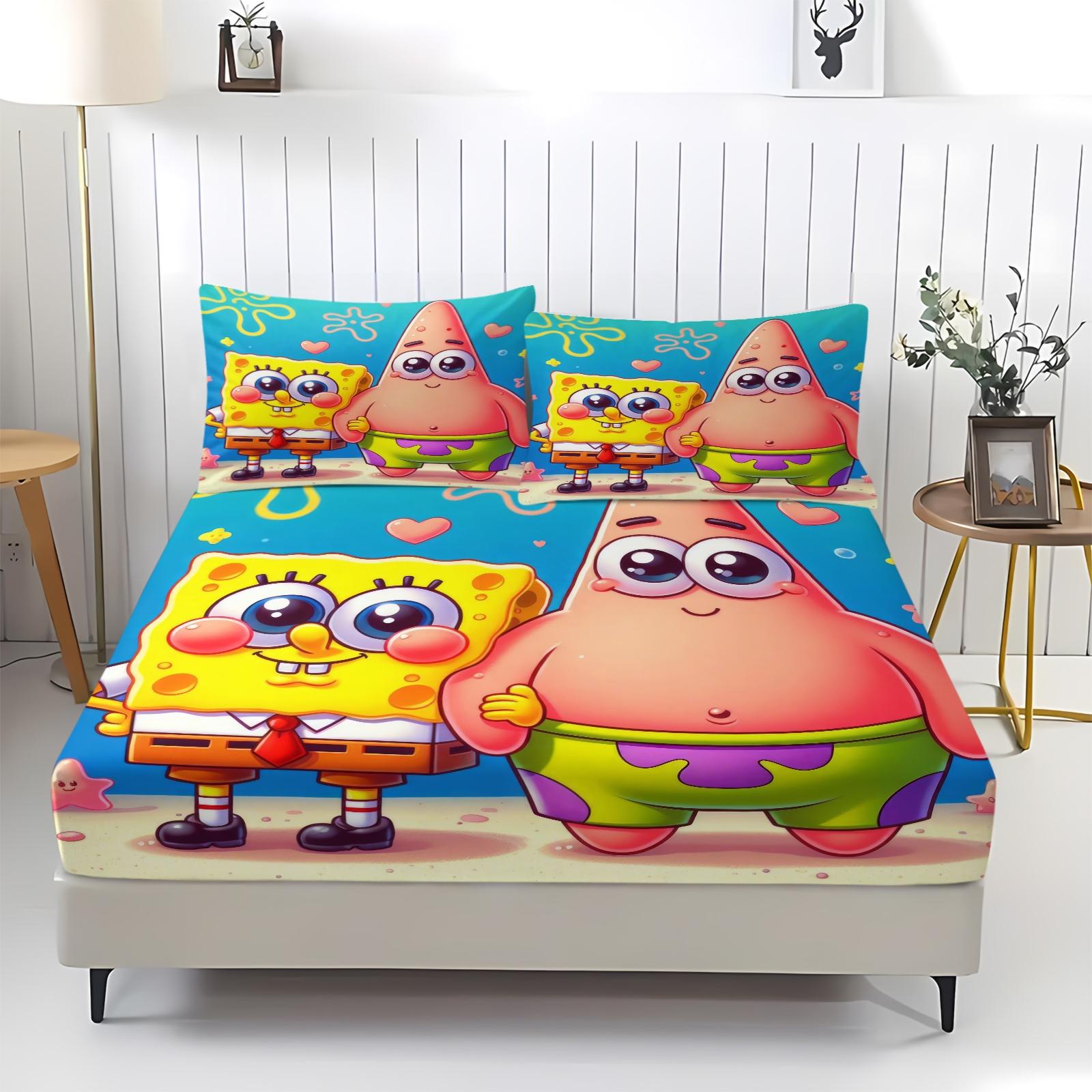 3 Piece Spongebob Pattern Fitted Sheet Set, Soft And Durable Bedding Set Includes 1 Piece Flat Sheet And 2 Pieces Pillowcases, Daily Holiday Birthday Gift Bedroom Decorations For Kids And Adults