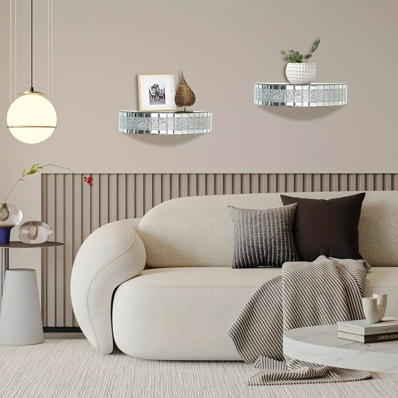 1Pc Semicircular Mirrored Floating Shelves for Wall Decor Storage, Glamorous Crystal Crush Diamond Decorative Wall Shelf, Glitter Glass Wall Mounted Shelves for Bedroom, Living Room, Bathroom, Kitchen, Office and More,  Silver