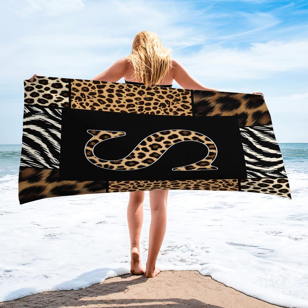 Luxe Animal Print Letter A-Z Beach Towel, Leopard Zebra Patchwork Pool Towel, Wild Safari Camping Towel, Soft Absorbent Bath Towel Blanket for Women Teens Girls, All-Purpose Towel for Travel Swimming Vacation