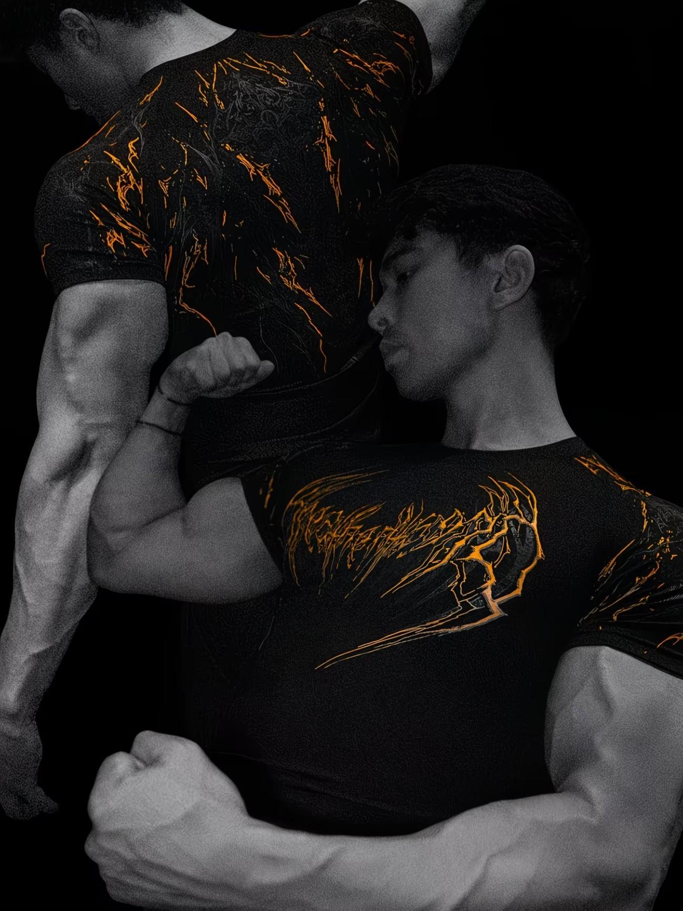 Men's High Elastic Quick-Dry Flame Print Sport T-Shirt, Slim Fit Breathable Short Sleeve, Muscle Training Running Workout Top