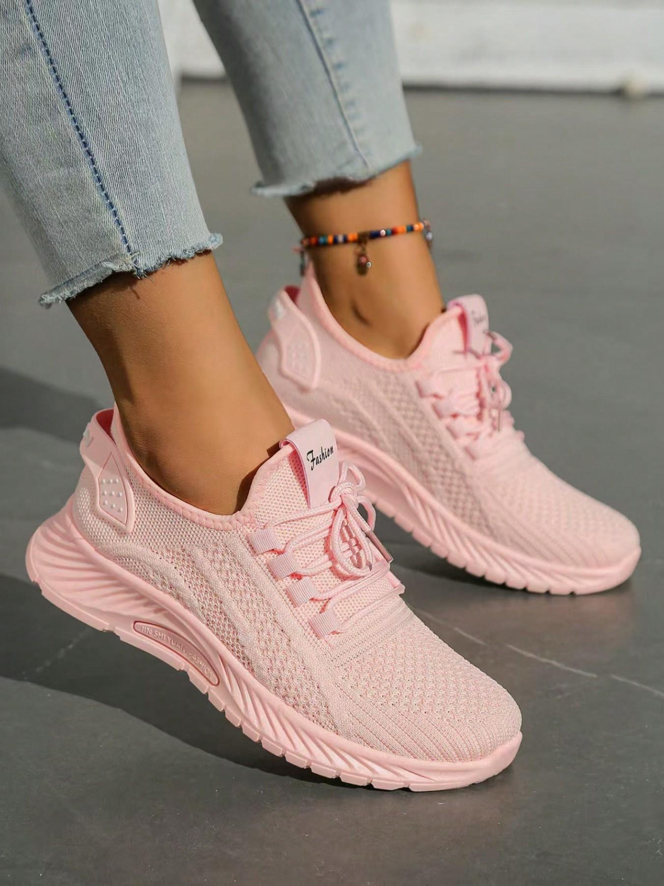 Women's Hollow Fly Knit Lace-Up Low Top Platform Walking Sneakers, Fashionable running shoes, Breathable Lightweight Non-Slip Thick Sole Casual Athletic Knitted Running Shoes for Daily Jogging, Shopping & Outdoor Activities