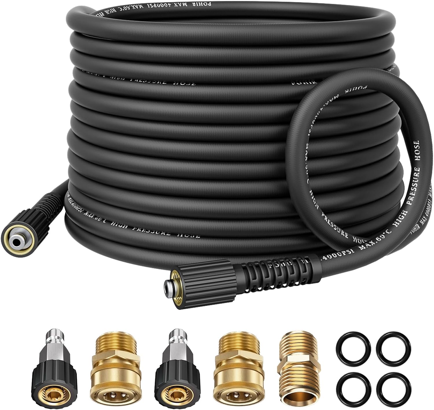 POHIR Pressure Washer Hose with M22&14mm Connects, 4000PSI Resistant Replacement Hose, Electric Power Washing Hose with M22 to 3/8 Quick Connect Set and Extension Adapter for Cleaning