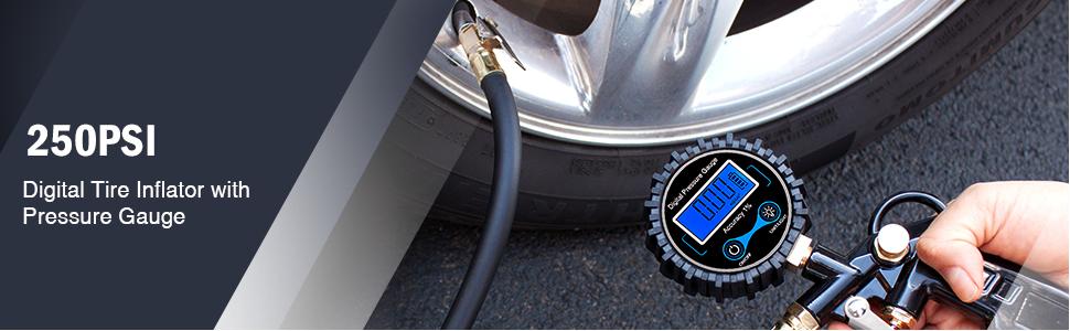 Nilight 50026R Digital Tire Inflator Pressure Gauge,250 PSI Air Chuck and Compressor Accessories Heavy Duty with Rubber Hose and Quick Connect Coupler for 0.1 Display Resolution