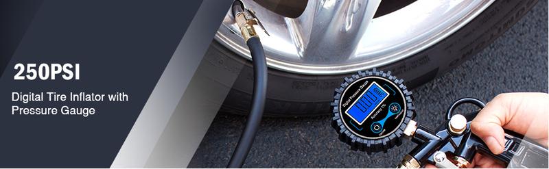 Nilight 50026R Digital Tire Inflator Pressure Gauge,250 PSI Air Chuck and Compressor Accessories Heavy Duty with Rubber Hose and Quick Connect Coupler for 0.1 Display Resolution