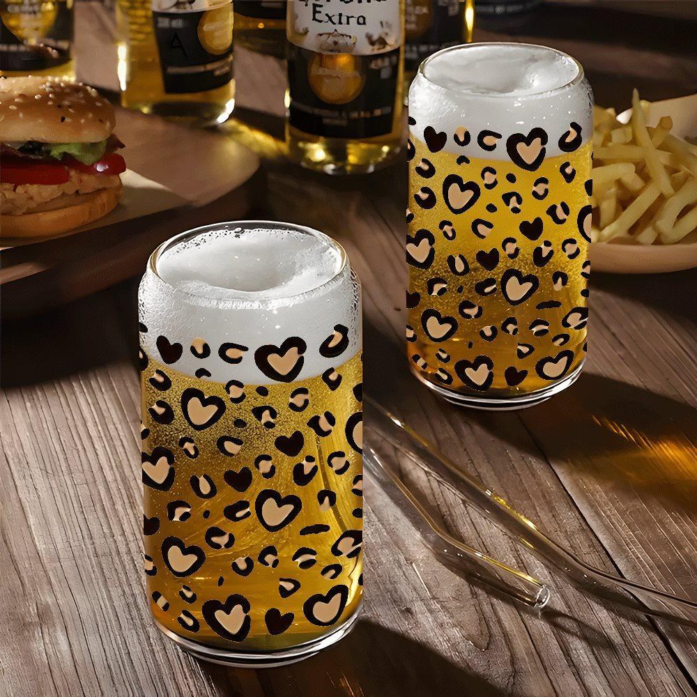 Trendy Heart Leopard Print Glass Tumbler with Lid & Straw, Clear 16oz covered straw glass drinking cup, reusable glass drinking cup, high-quality glass jar design, suitable for iced coffee, beer, juice, milk, cold drink glass cups, fashionable glassware