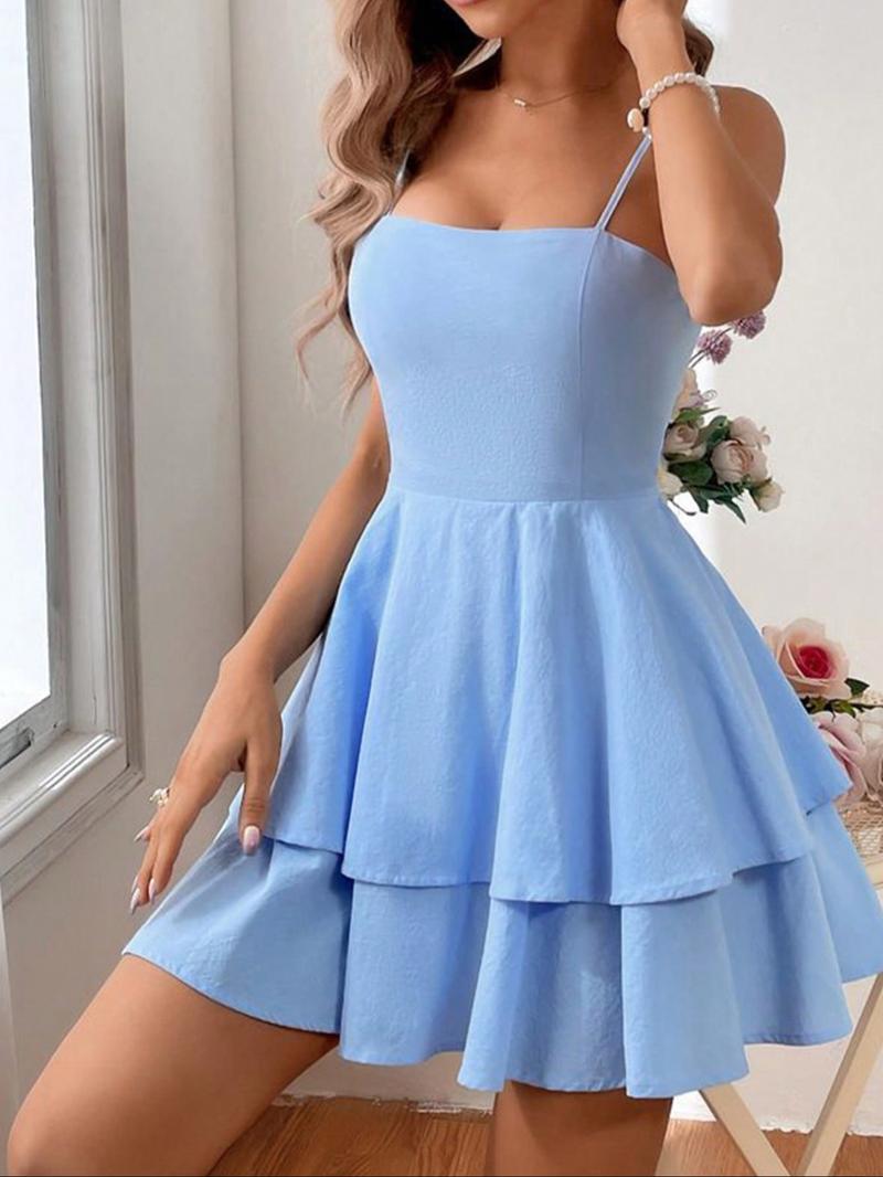 Women's Plain Ruffle Trim  Cami Dress, Casual Sleeveless Short Dress for Beach Holiday Vacation, Ladies Clothes for All Seasons