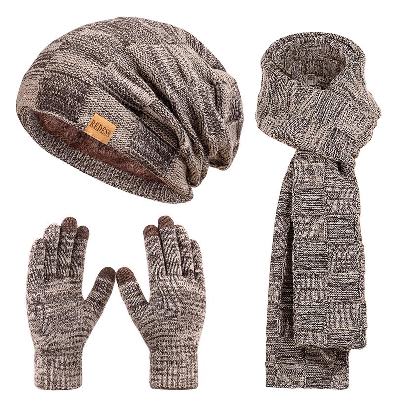 3PC Winter Beanie Scarf Gloves Set Warm Knit Hat with Fleece Lining Cozy Long Scarf and Touch screen Gloves