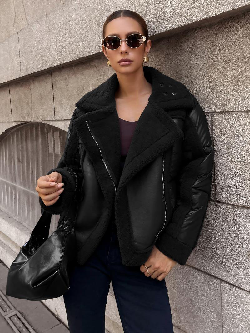 Women's Fall Winter Fur Coat, Stand Collar Warm Top, Motorcycle Style Patchwork Short Jacket, Casual Fitted Long Sleeve Outerwear