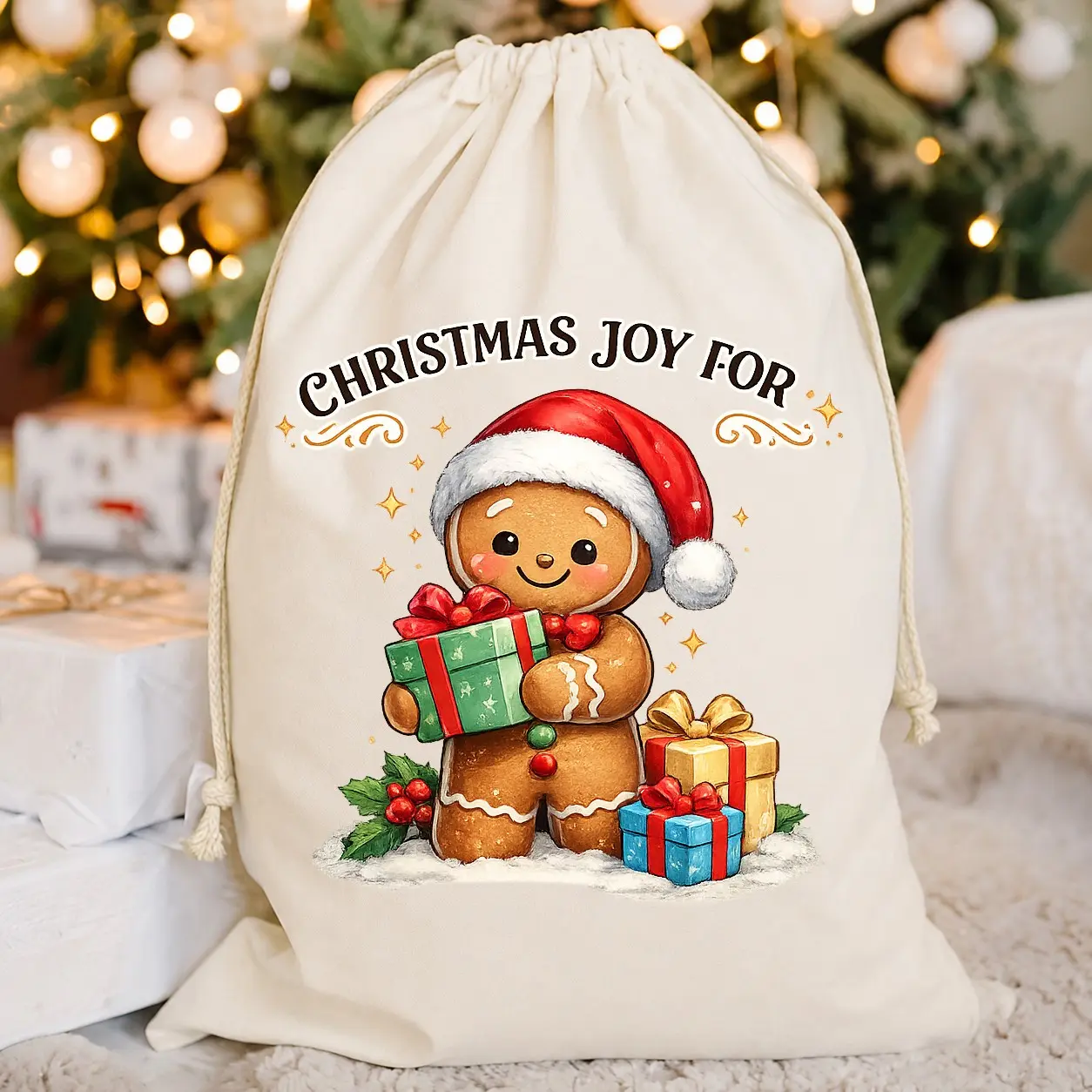 Christmas Drawstring Gift Bag, 30 X 40 Cm Large Gingerbread Man Holiday Present Sack, Reusable Fabric for Xmas Party Decorations