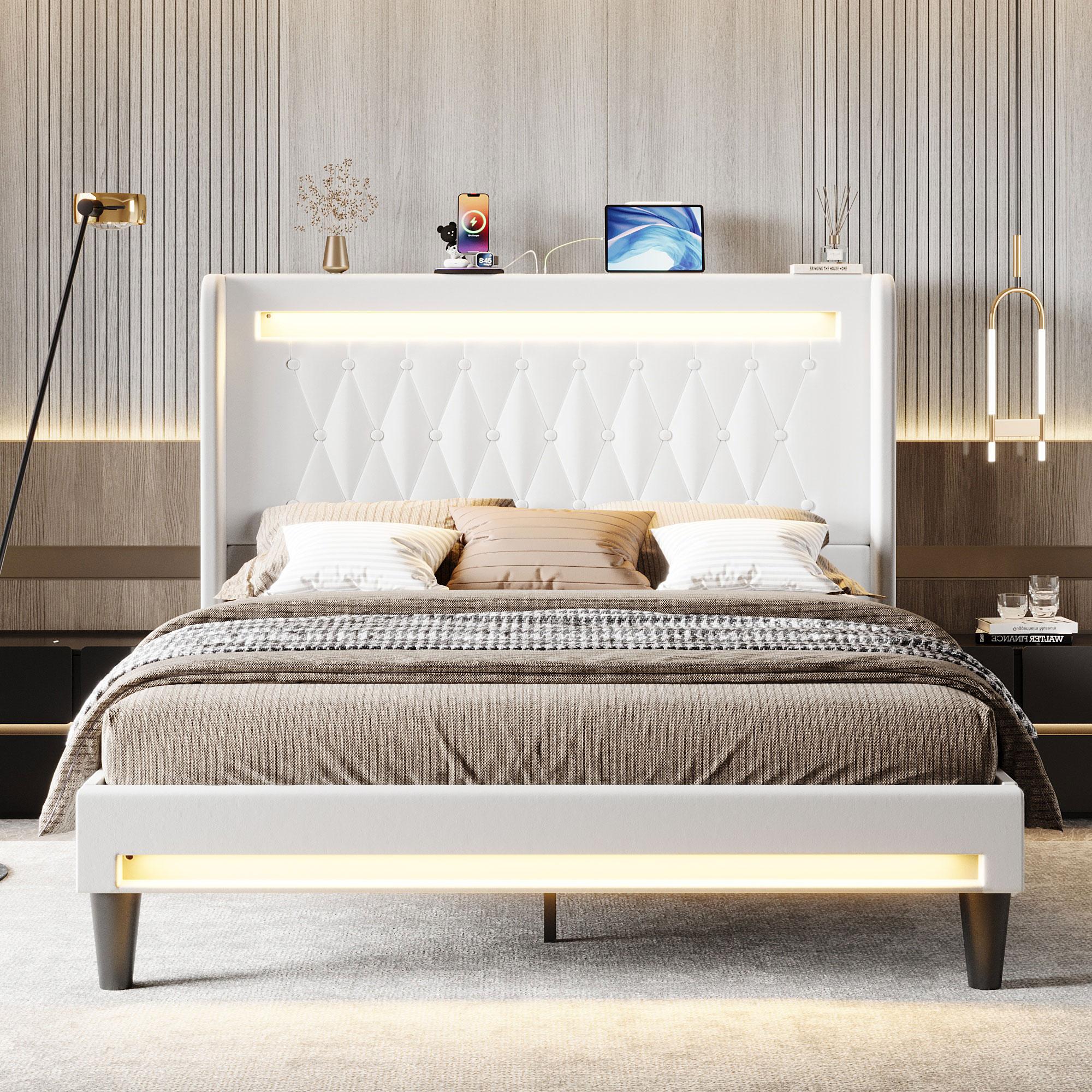 HOOMIC Upholstered Platform Bed Frame【Frame Only No Mattress】with High Wingback Headboard,Dual LED Light Strips,Dutch Velvet Diamond Tufting,Full/Queen/King,Black/White/Grey,No Box Spring Needed