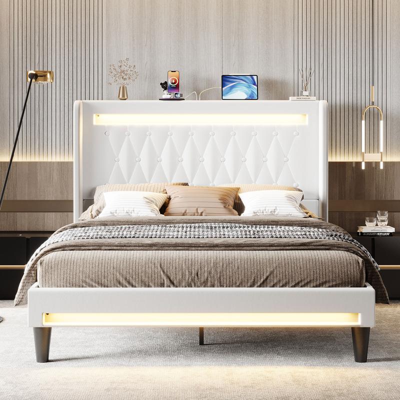 HOOMIC Upholstered Platform Bed Frame【Frame Only No Mattress】with High Wingback Headboard,Dual LED Light Strips,Dutch Velvet Diamond Tufting,Full/Queen/King,Black/White/Grey,No Box Spring Needed