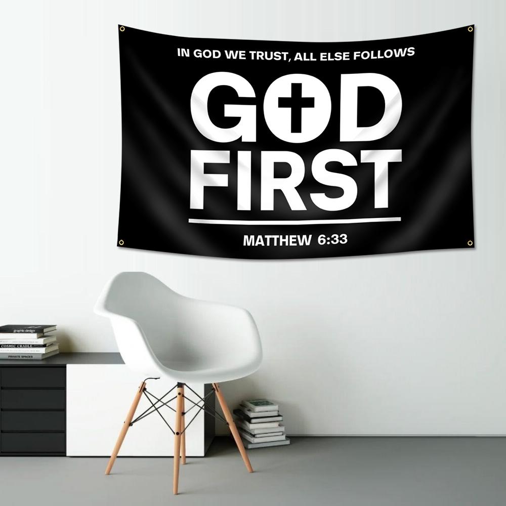 GOD FIRST Flag 150x90cm  Single Sided Flag with 4 Brass Grommets - Jesus Christ American Polyester Flags for Outside or Inside -Christian Jesus Bedroom Wall Decor Jesus flag,Christmas Banner, Outdoor Balcony Yard Decor, Holiday Party Decorations Banners