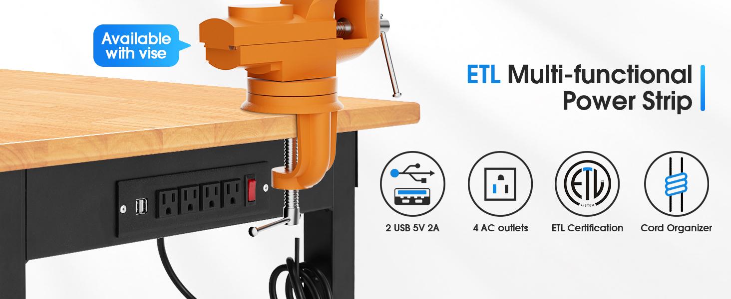 60'' Adjustable Workbench on Wheels, 2000 LBS Heavy-Duty Workstation with Power Outlets, Rubber Wood Top Worktable for Garage, Workshop, Home, Commercial