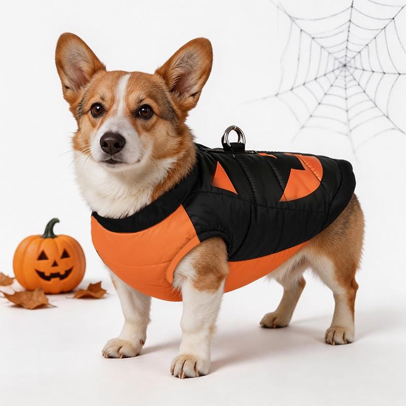 Autumn Winter Pet Halloween Cotton Vest, Pumpkin Paw Print Spider Web Waterproof Jacket, Zipper Comfortable Dog Coat, Dachshund Clothes