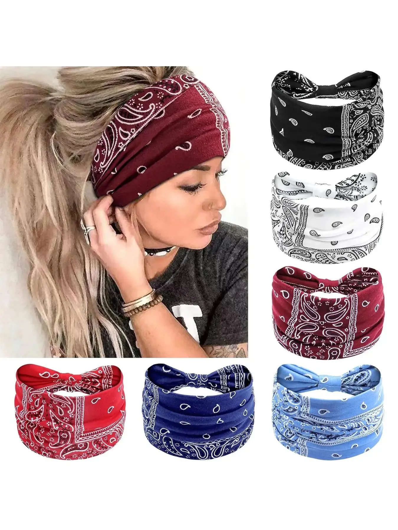 Wide Boho Style Headbands for Women, Non-Slip Soft Stretch No-Pressure Fit, 6-Pack for Thick & Curly Hair, Summer Hair Accessories