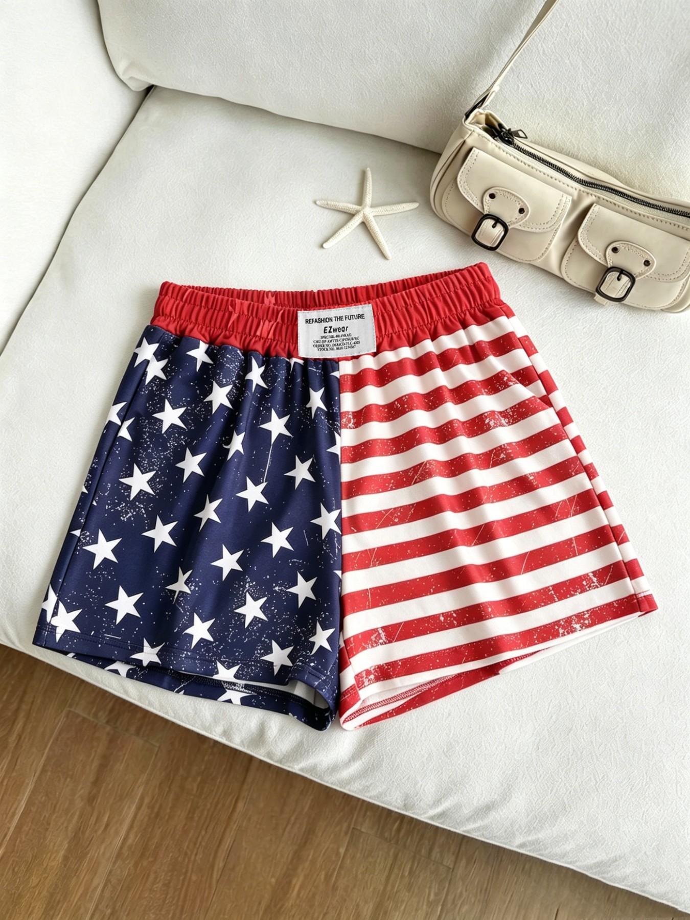 American Vintage Flag Brief Shorts, Y2K Elastic Waist, Loose-Fitting Casual Style, All over Print, Summer Fashion, Youthful Look