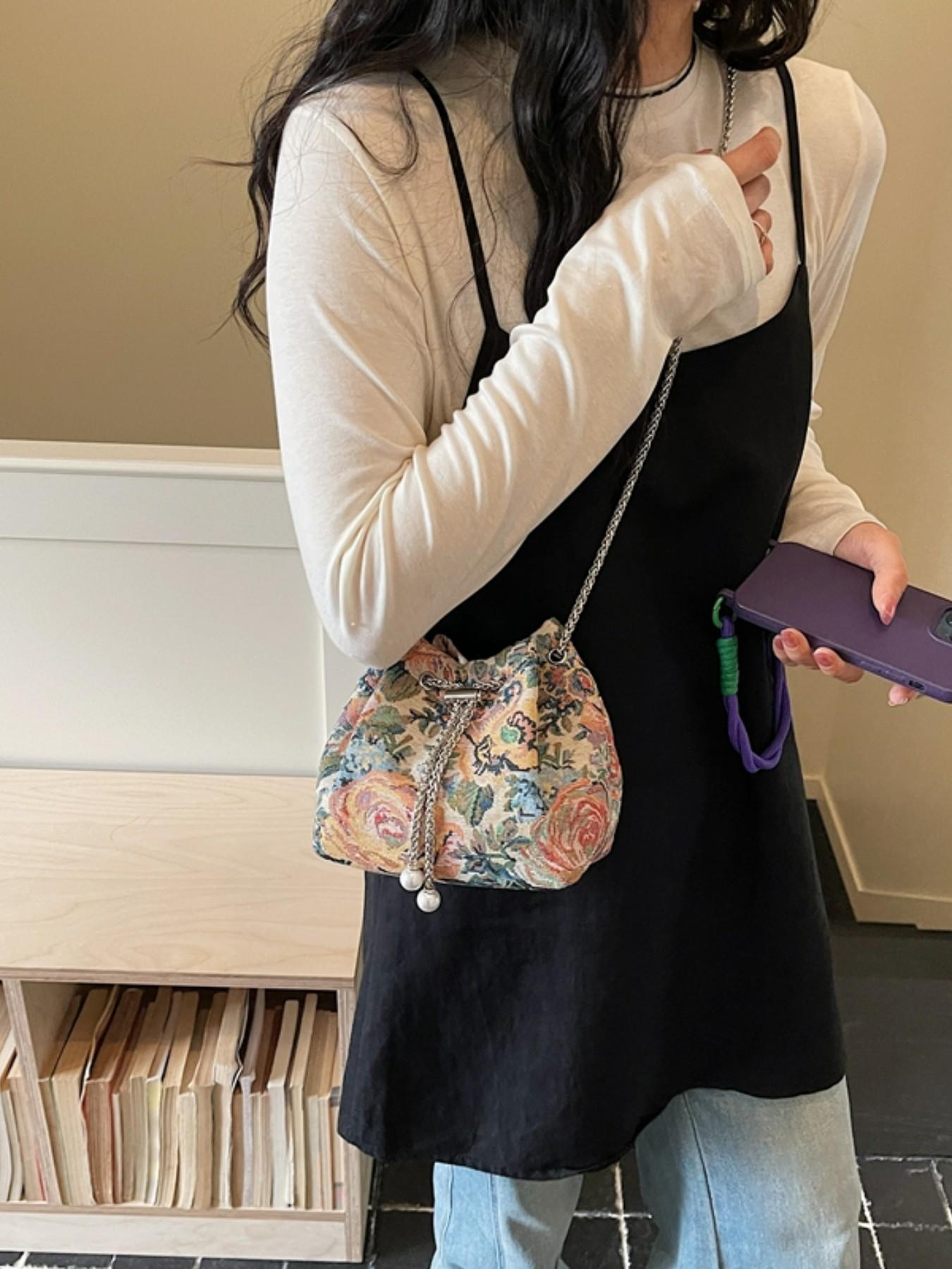 Elegant Floral Print Bucket Bag, Drawstring Design, Fashionable Crossbody Shoulder Bag, High-End Stylish Single Strap Bag