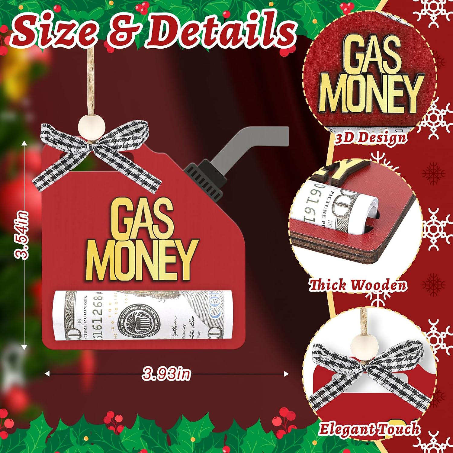 Gas Money Ornament Holds Cash,Wooden Gas Can Ornament Money Holder, Funny Ways to Cash Holder for Drivers, Teens, Holiday Gag Gift Decoration