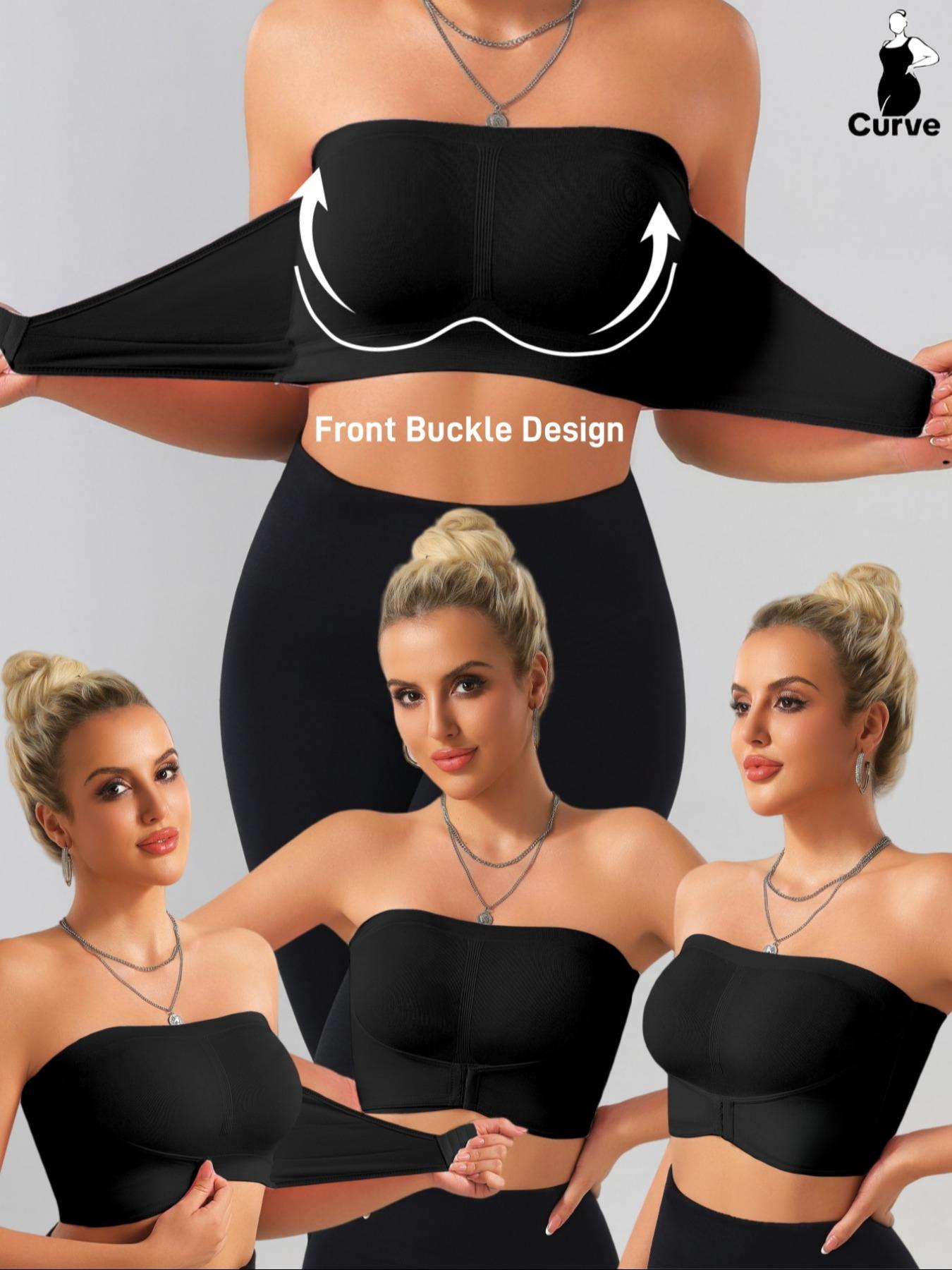 【Plus Size】 Solid Color Women‘s Strapless Bra, No Padding,Women's Comfortable Breathable Soft Bra,Front Chest Buckles Design,Women's Lingerie for All Seasons,Ladies Knitted Stretch Underwear For Daily/Sleep Wear or any Occasion,All Seasons