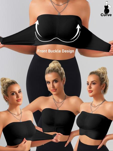 【Plus Size】 Solid Color Push Up Strapless Bra, No Padding,Women's Comfortable Breathable Soft Bra,Front Chest Buckles Design,Women's Lingerie for All Seasons,Ladies Knitted Stretch Underwear For Daily Wear or any Occasion